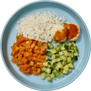 Verduras con albóndigas de pollo y con arroz